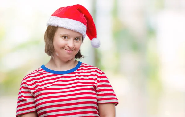 Mulher Adulta Jovem Com Síndrome Usando Chapéu Natal Sobre Fundo — Fotografia de Stock