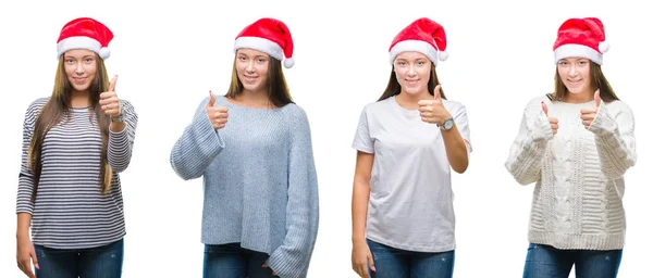 Collage Ung Flicka Klädd Jul Hatt Över Vit Isolerade Bakgrund — Stockfoto