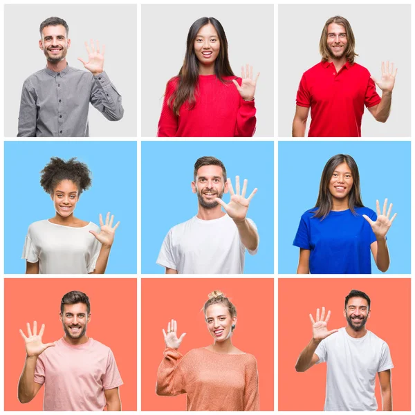 Коллаж Группы Молодых Людей Красочном Изолированном Фоне Показывающий Указывающий Пальцами — стоковое фото