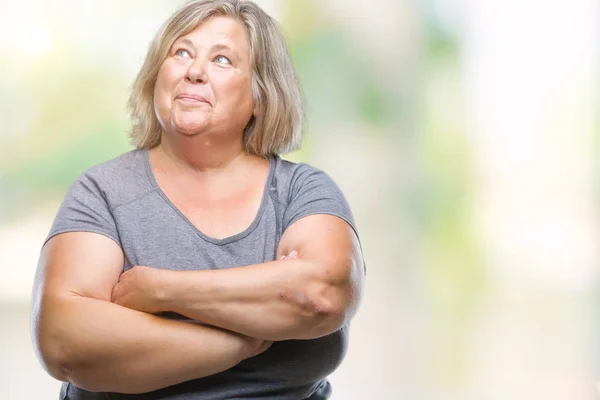 Senior Velikosti Kavkazský Žena Izolované Pozadí Vypadající Strana Vytřeštěné Pryč — Stock fotografie