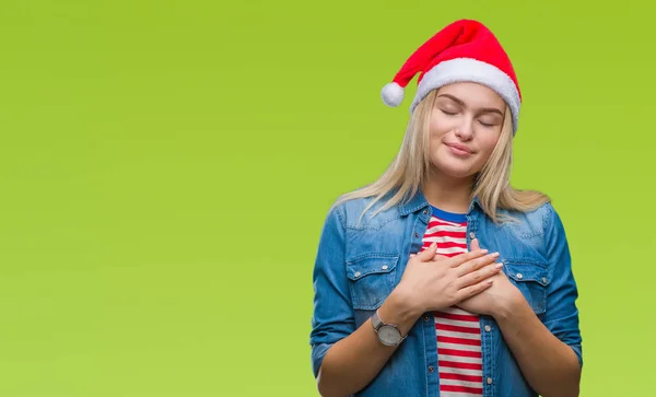 Mulher Caucasiana Jovem Usando Chapéu Natal Sobre Fundo Isolado Sorrindo — Fotografia de Stock