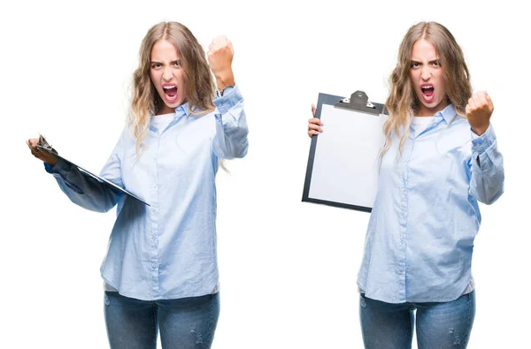 Young Beautiful Young Business Woman Holding Clipboard White Isolated Background — Stock Photo, Image