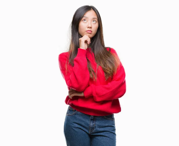 Young Asian Woman Wearing Winter Sweater Isolated Background Hand Chin — Stock Photo, Image