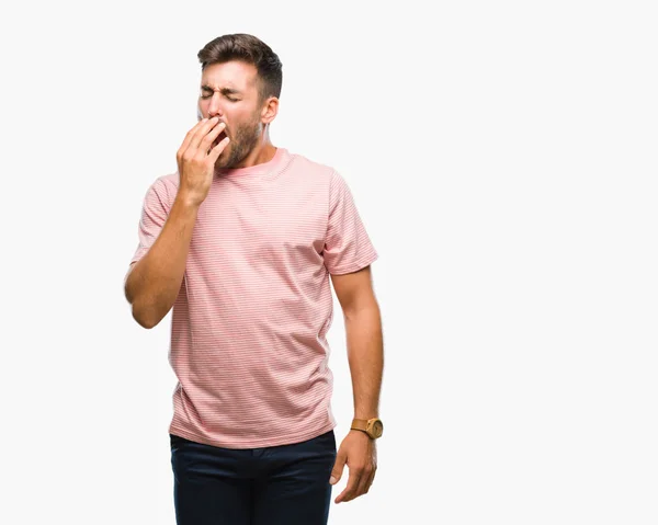 Joven Hombre Guapo Sobre Fondo Aislado Aburrido Bostezar Cansado Cubriendo —  Fotos de Stock