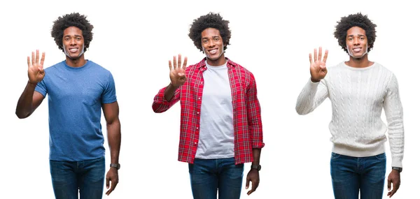 コラージュ分離背景表示と指で上向きにアフリカ系アメリカ人の若いハンサムな男の数は自信を持って 幸せな笑みを浮かべている間 — ストック写真