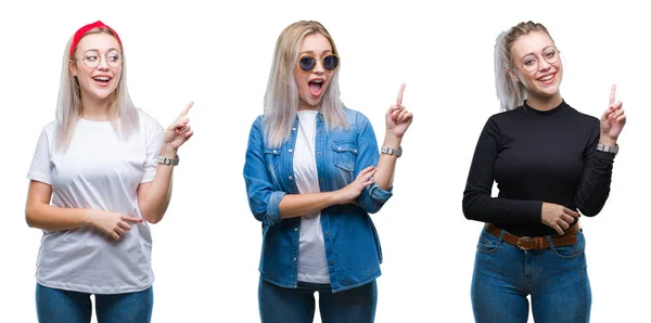 Collage Einer Schönen Blonden Jungen Frau Mit Brille Vor Isoliertem — Stockfoto