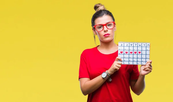 Jovem Bela Mulher Segurando Calendário Menstruação Sobre Fundo Isolado Com — Fotografia de Stock