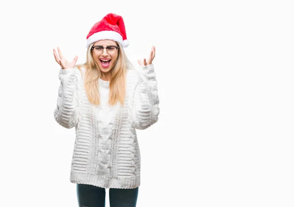 Jovem Mulher Loira Bonita Vestindo Chapéu Natal Sobre Fundo Isolado — Fotografia de Stock