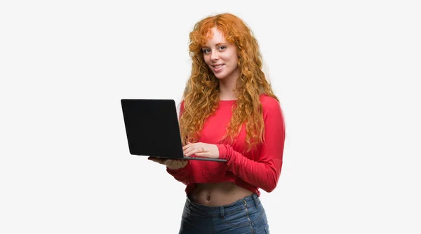 Young Redhead Woman Using Computer Laptop Happy Face Standing Smiling — Stock Photo, Image