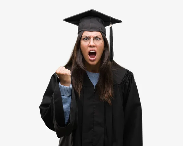 Young Hispanic Woman Wearing Graduated Cap Uniform Angry Mad Raising — Stock Photo, Image