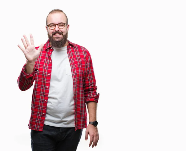 Joven Hombre Hipster Caucásico Con Gafas Sobre Fondo Aislado Mostrando — Foto de Stock