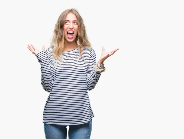 Beautiful Young Blonde Woman Wearing Stripes Sweater Isolated Background Crazy — Stock Photo, Image