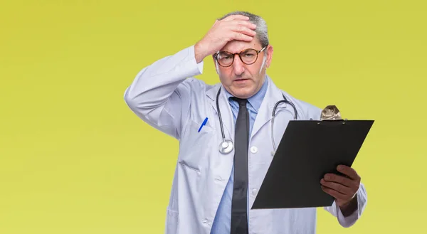 Handsome Senior Doctor Man Holding Clipboard Isolated Background Stressed Hand — Stock Photo, Image