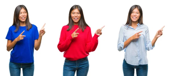 笑顔で側に つの手と指で指しているカメラ目線の分離白地の上に立ってアジアの若い女性のコラージュ — ストック写真