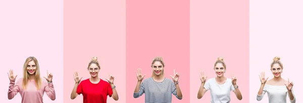 鮮やかなカラフルなビンテージ ピンク孤立の背景表示と指で上向きに若い美しいブロンドの女性のコラージュ数は自信を持って 幸せな笑みを浮かべている間 — ストック写真