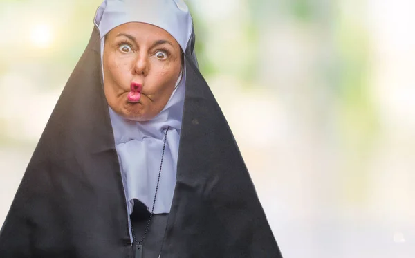 Middle Age Senior Christian Catholic Nun Woman Isolated Background Making — Stock Photo, Image