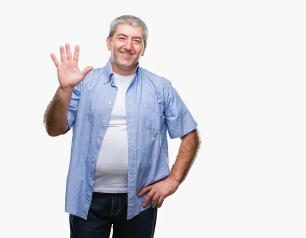 Handsome Senior Man Isolated Background Showing Pointing Fingers Number Five — Stock Photo, Image