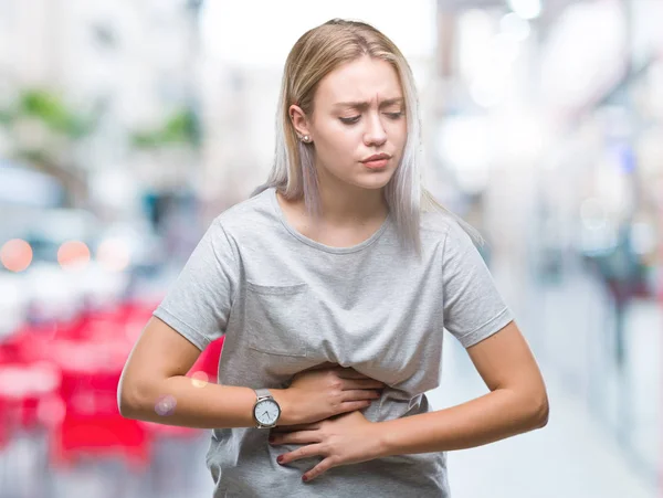 Young Blonde Woman Isolated Background Hand Stomach Because Nausea Painful — Stock Photo, Image