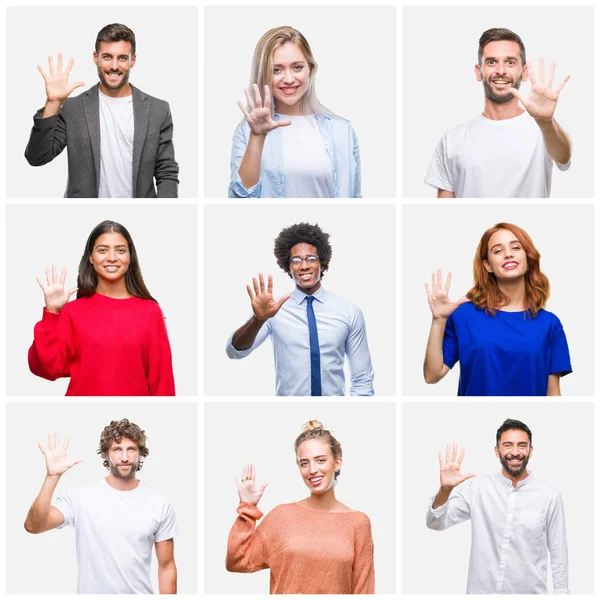 Collage Gruppo Giovani Donne Uomini Sfondo Isolato Mostrando Indicando Con — Foto Stock