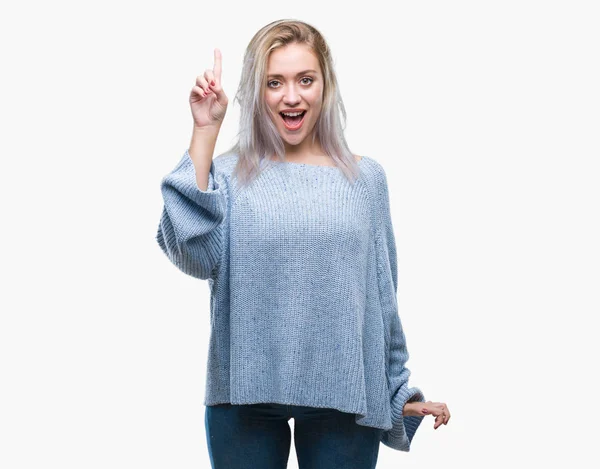 Young Blonde Woman Wearing Winter Sweater Isolated Background Pointing Finger — Stock Photo, Image