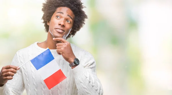 Afro American Man Flag France Isolated Background Serious Face Thinking — Stock Photo, Image