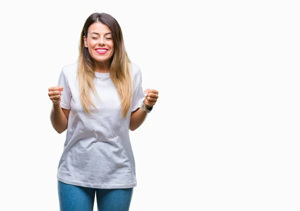 Ung Vacker Kvinna Casual Vit Shirt Över Isolerade Bakgrund Upphetsad — Stockfoto
