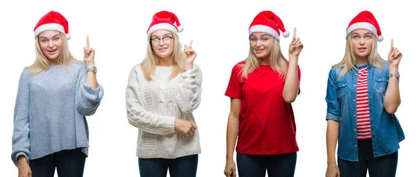 Collage Unga Vackra Blonda Kvinnan Bär Jul Hatt Över Vita — Stockfoto