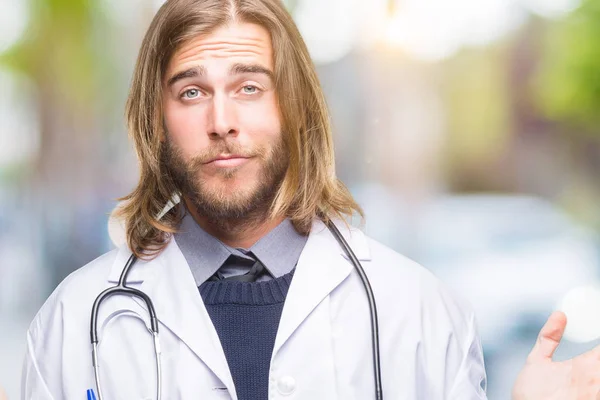 Young Handsome Doctor Man Long Hair Isolated Background Clueless Confused — Stock Photo, Image