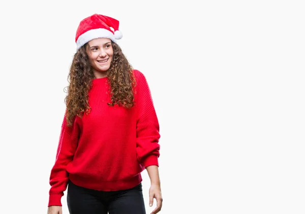 Giovane Ragazza Bruna Che Indossa Cappello Natale Sfondo Isolato Guardando — Foto Stock