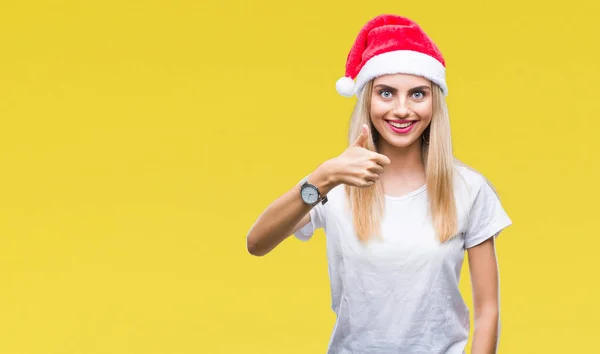 Jovem Linda Mulher Loira Chapéu Natal Sobre Fundo Isolado Fazendo — Fotografia de Stock