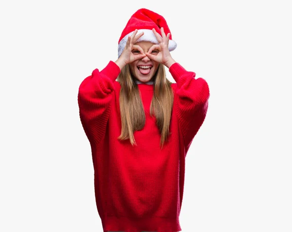 Menina Bonita Nova Vestindo Chapéu Natal Sobre Fundo Isolado Fazendo — Fotografia de Stock