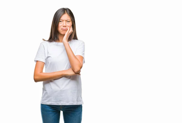 Joven Mujer Asiática Sobre Aislado Fondo Pensamiento Buscando Cansado Aburrido —  Fotos de Stock