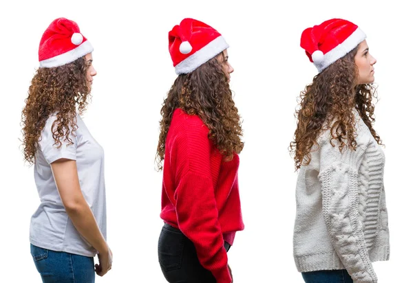 Collage Jeune Fille Brune Portant Chapeau Noël Sur Fond Isolé — Photo