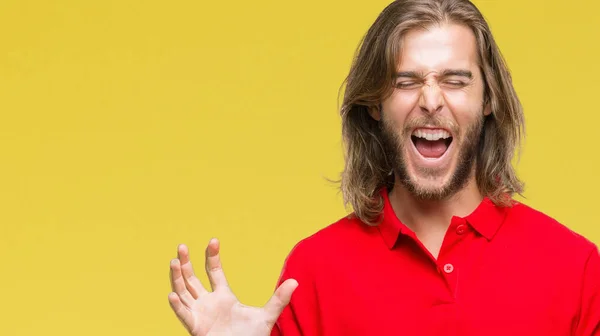 Joven Hombre Guapo Con Pelo Largo Sobre Fondo Aislado Celebrando —  Fotos de Stock