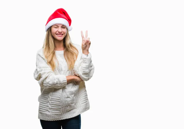 Joven Mujer Rubia Hermosa Con Sombrero Navidad Sobre Fondo Aislado — Foto de Stock