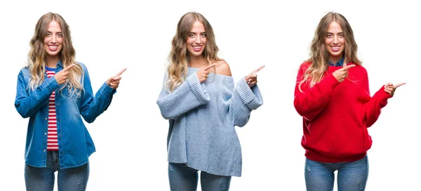 Jovem Bela Jovem Sobre Fundo Isolado Branco Sorrindo Olhando Para — Fotografia de Stock