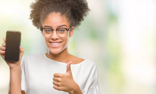 Young Beautiful Afro American Showing Smartphone Screen Isolated Background Happy — Stock Photo, Image