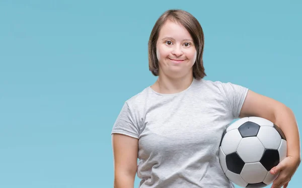 Giovane Donna Adulta Con Sindrome Che Tiene Palla Calcio Sfondo — Foto Stock