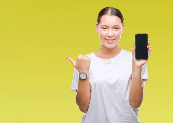 Young Beautiful Caucasian Woman Showing Smartphone Screen Isolated Background Pointing — Stock Photo, Image