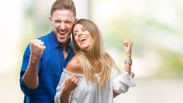 Jovem Casal Apaixonado Por Fundo Isolado Muito Feliz Animado Fazendo — Fotografia de Stock