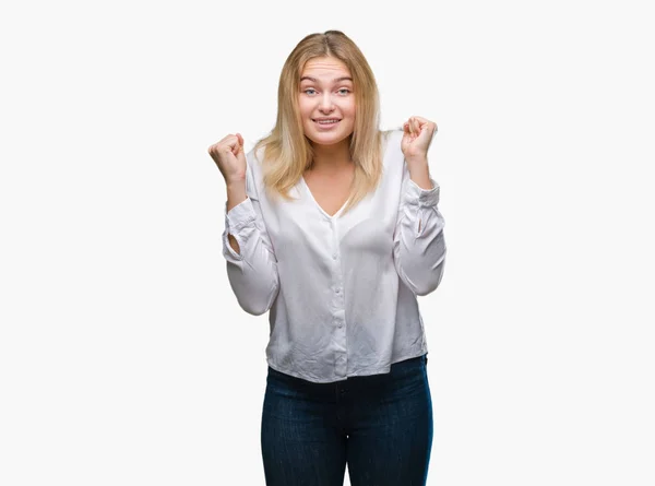 Giovane Donna Caucasica Sfondo Isolato Che Celebra Sorpreso Stupito Successo — Foto Stock