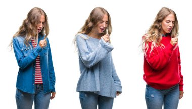 Beyaz genç güzel genç kadın soğuk veya bronşit için arka plan duygu hasta ve semptom olarak öksürük izole. Sağlık kavramı.