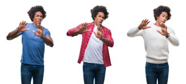 Korkuyor ve dehşet korku ifade dur hareketi el ile ile izole arka plan üzerinde Afrikalı-Amerikalı genç yakışıklı adam şokta bağırarak kolaj. Panik kavramı.