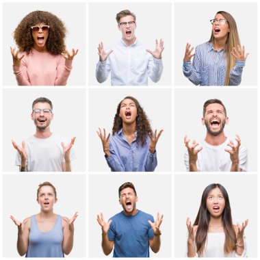 Kolaj bir grup genç insanlar kadın ve erkekler üzerinde beyaz solated arka plan çılgın ve deli bağırarak ve agresif ifade ve silah kaldırdı bağırıyor. Hayal kırıklığı kavramı.