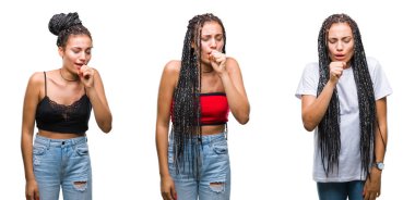 Kolaj güzel bir duygu hasta ve soğuk veya bronşit için semptom olarak öksürük izole arka plan üzerinde saç Afrikalı-Amerikalı kadın Doğum işareti ile örgülü. Sağlık kavramı.