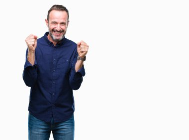 İzole arka plan kutlama üzerinde orta yaş ağarmış komuta sizde şaşırttı ve başarı için kaldırdı kollarını açarak hayret ve gözleri açık. Kazanan kavramı.