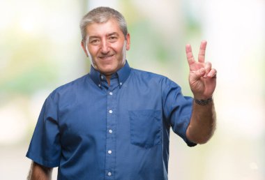 Mutlu yüz zafer işareti yaparken kameraya göz kırpıyor ile gülümseyen izole arka plan üzerinde yakışıklı komuta sizde. İki numaralı.