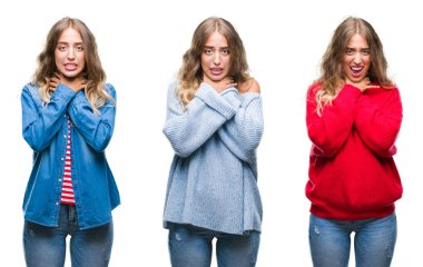 Genç güzel genç kadın yüzünden izole beyaz arka plan bağırarak ve çünkü boğmak acı kendi ellerimle öldürürüm. Sağlık sorunu. Yaralarından ve intihar kavramı.