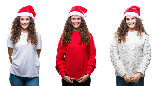 Collage Giovane Ragazza Bruna Che Indossa Cappello Natale Sfondo Isolato — Foto Stock