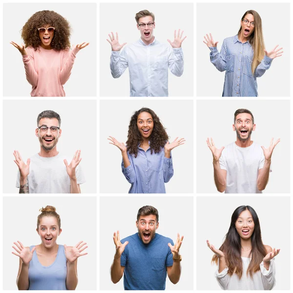 Collage Groupe Jeunes Femmes Hommes Sur Fond Blanc Solitaire Célébrant — Photo